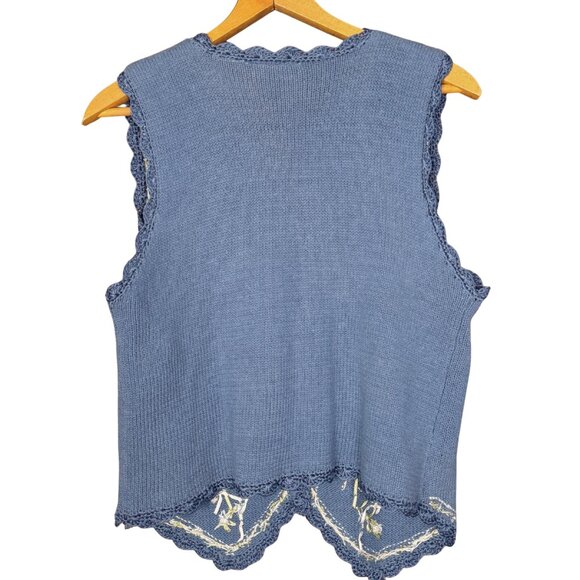 Vintage Embroidered Knit Vest, Muted Blue, Cottagecore Floral, Embroidery - Picture 7 of 9